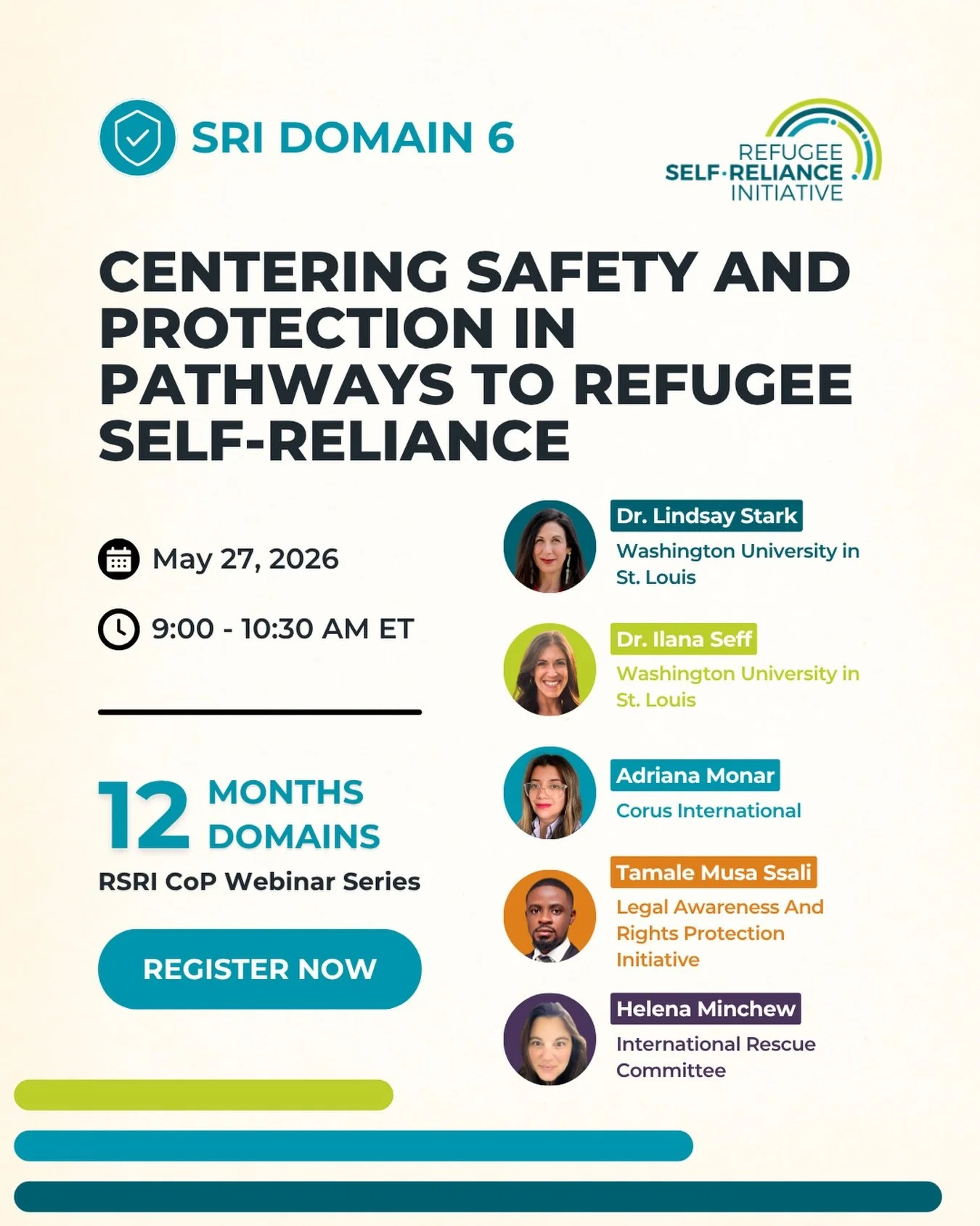 📣 Please join the RSRI for our next #12Months12Domains&nbsp;webinar, which will examine how #safety influences refugees&rsquo; ability to build sustainable and dignified lives across different displacement contexts.

✅ Safety shapes every aspect of 