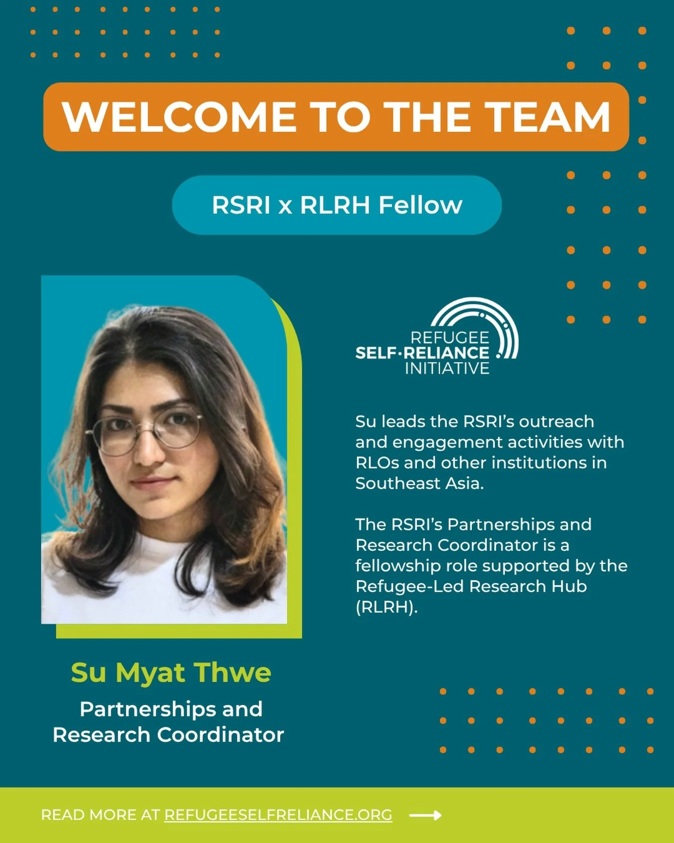 📣 We are thrilled to welcome Su Myat Thwe as the RSRI&rsquo;s new Partnerships and Research Coordinator!

Su joins the RSRI through a fellowship with the Refugee-Led Research Hub, a global organization that supports people with lived experience of d
