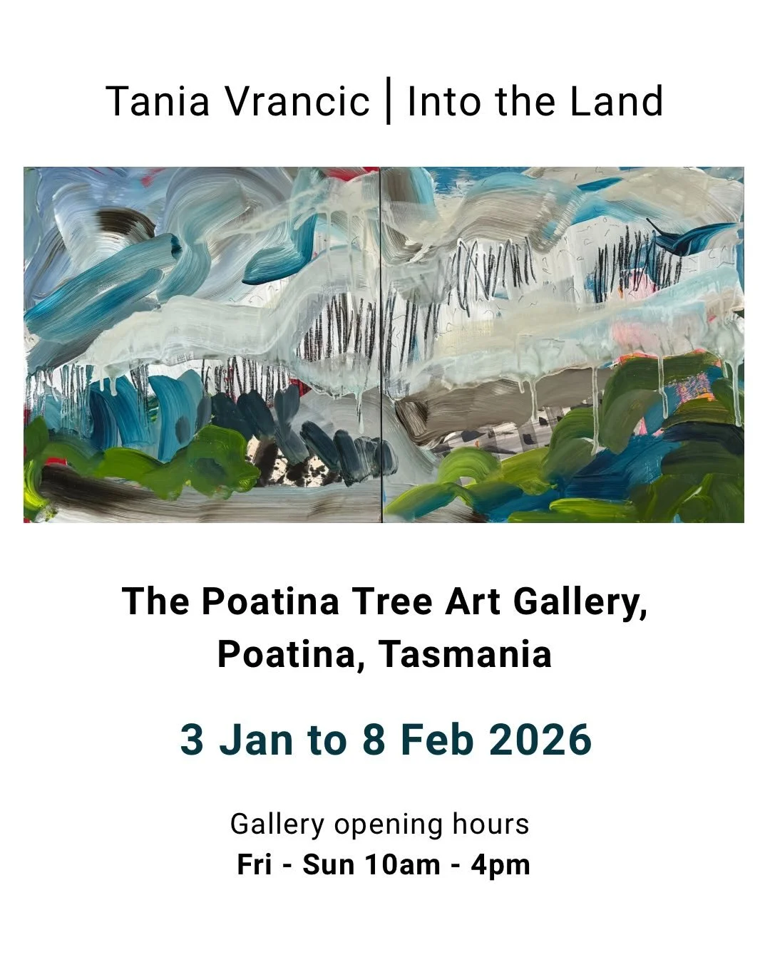 As we step into the New Year I will be hanging a solo exhibition of paintings at The Poatina Tree Art Gallery in Poatina Tasmania. 

&ldquo;Into the Land&rdquo; is an exhibition of paintings inspired by my time in Poatina and it&rsquo;s surrounding l