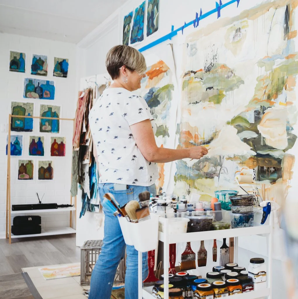 These studio photos were taken back when I was still in Red Hill, surrounded by dry bushland and familiar walking tracks. My work then was already about landscape, but the colours and papers were different&mdash;more muted, more tied to that place.


