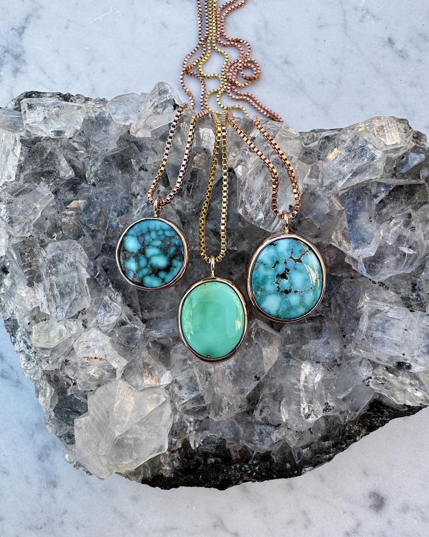Dreamiest turquoise necklaces 💫
Carico Lake, Pilot Mountain, + Dry Creek, wrapped in 14kt gold. Available tomorrow at 11am Central on the site ✨✨✨