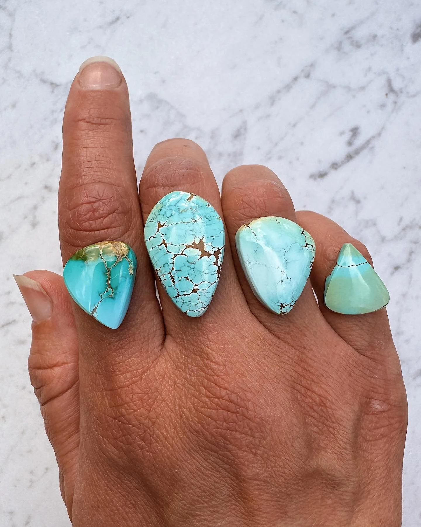 Made-to-order rings available tomorrow at 11am Central! 💫
The loveliest Iron Maiden + Thunderbird turquoise. All four will be set in 14kt yellow gold bezels with sterling silver backings and bands. Just enter your ring size upon checkout! ✨✨✨