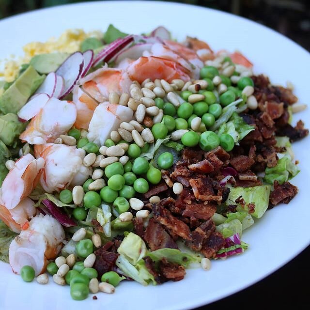 Spring is around the corner... Start the spring with the perfect Cobb Salad.. Peas
Shrimp
Bacon
Egg
Pine Nuts
Avocado
Radishes 
Cilantro Vinaigrette

#Cobbsalad #food #healthyfood #foodie #foodporn #instafood #lunch #healthy #saladbuah #vegan #dinner