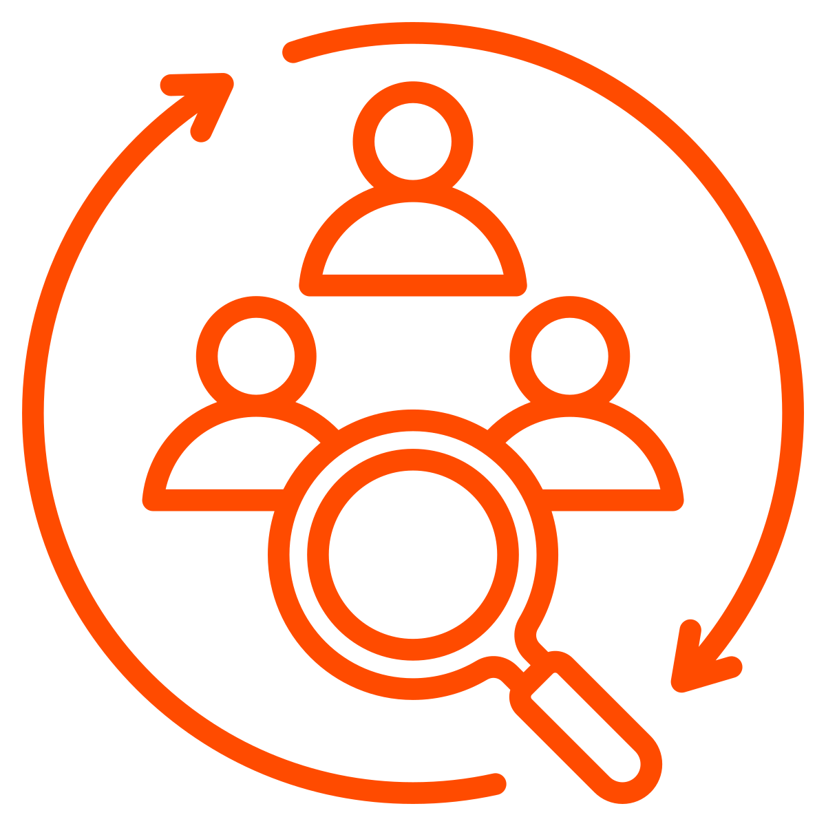Icon of three people in a circle and magnifying glass