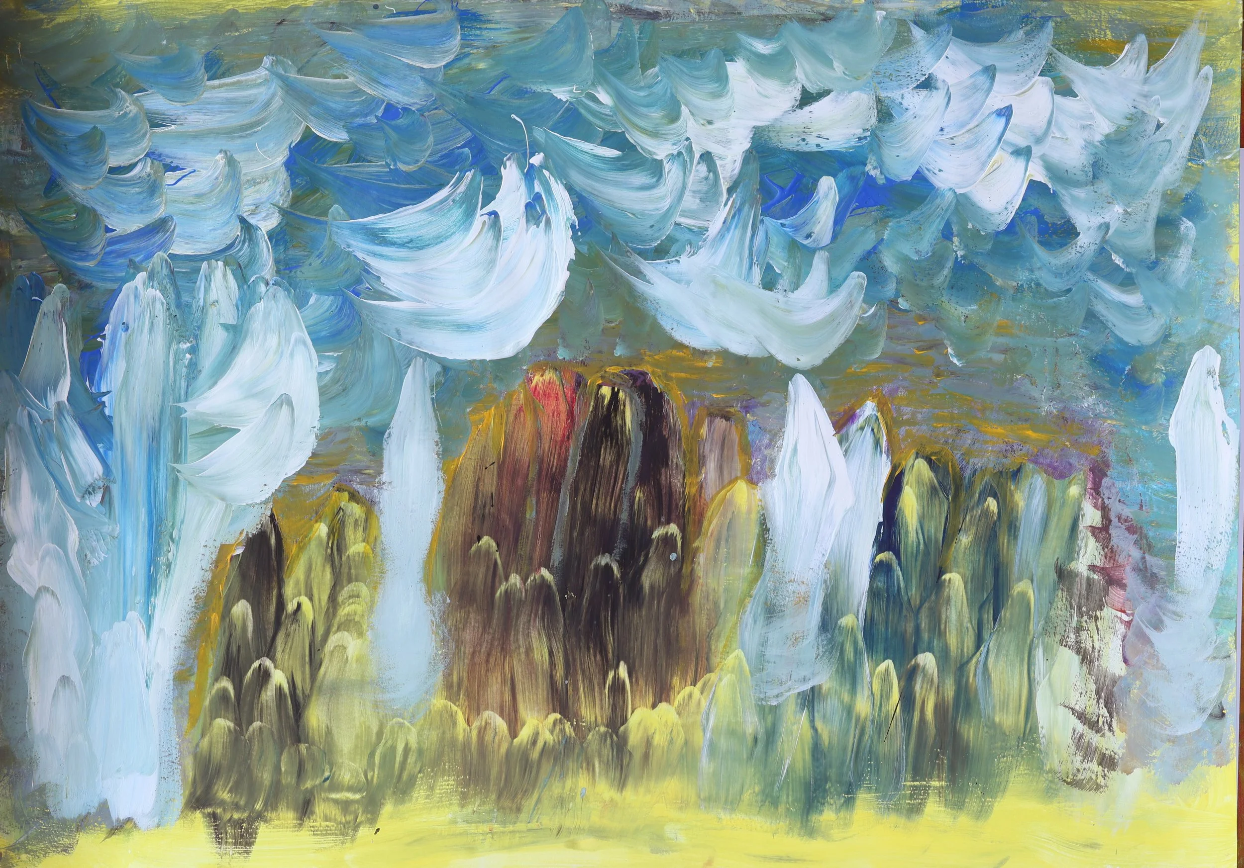 "Accompanied by spirits", acrylic on paper, 64x44 cm, 2024