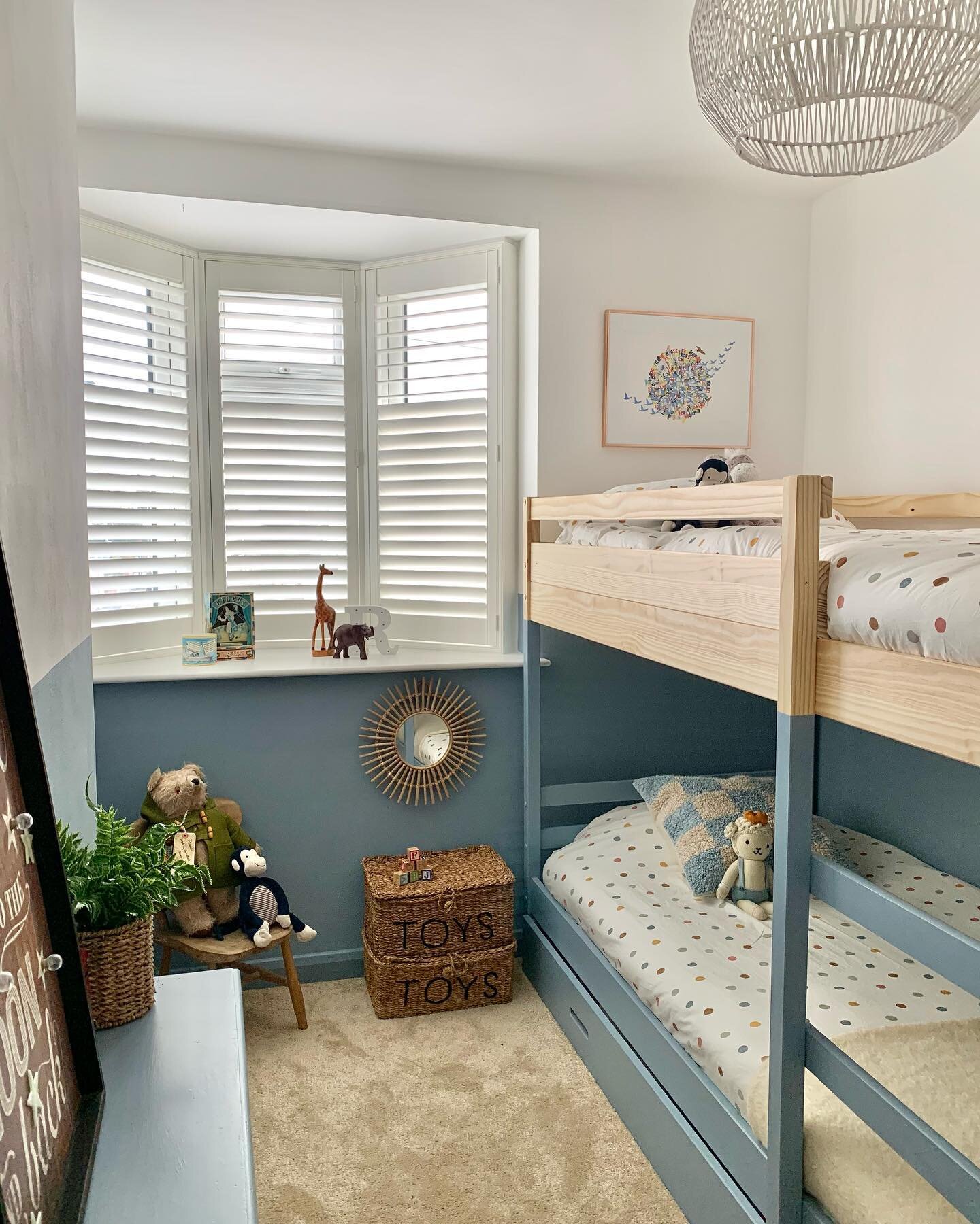 This bedroom is home to a five year old fire cracker, who was desperate for a big boys room, with bunk beds and blue walls.
The room might not be big but we wanted to make an impact and add interest without over powering the space. The paint we chose