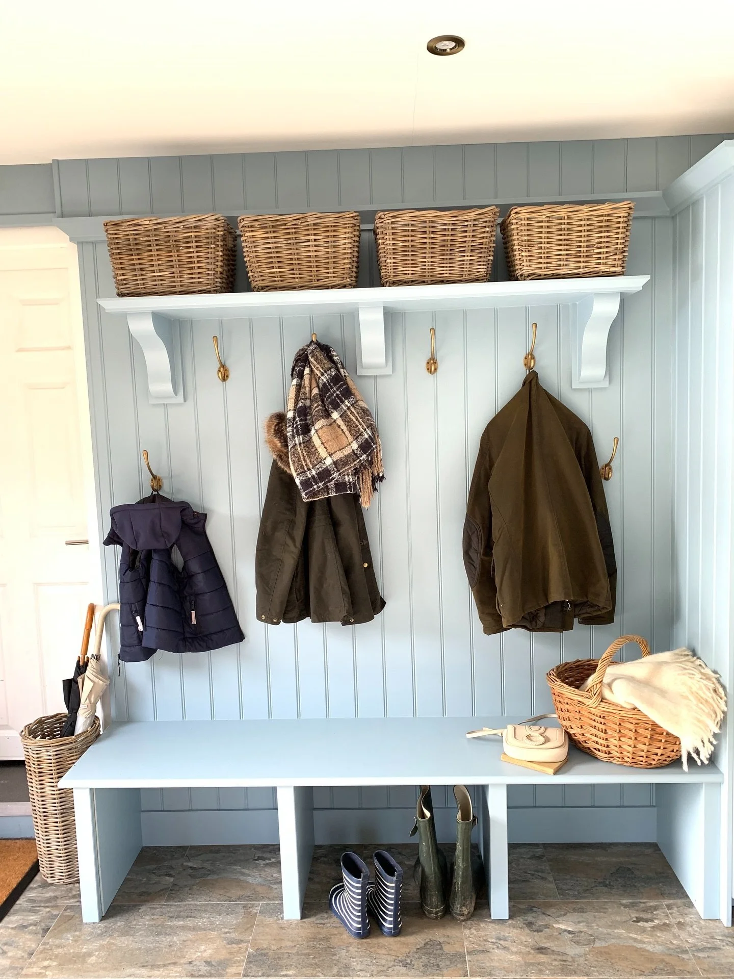 The rain seems endless today but that&rsquo;s when a boot room comes into its own. Back from the school run, or dog walk dripping wet no problem. This one was designed and built in a clients garage, linked to the house by an internal door. Muddy boot