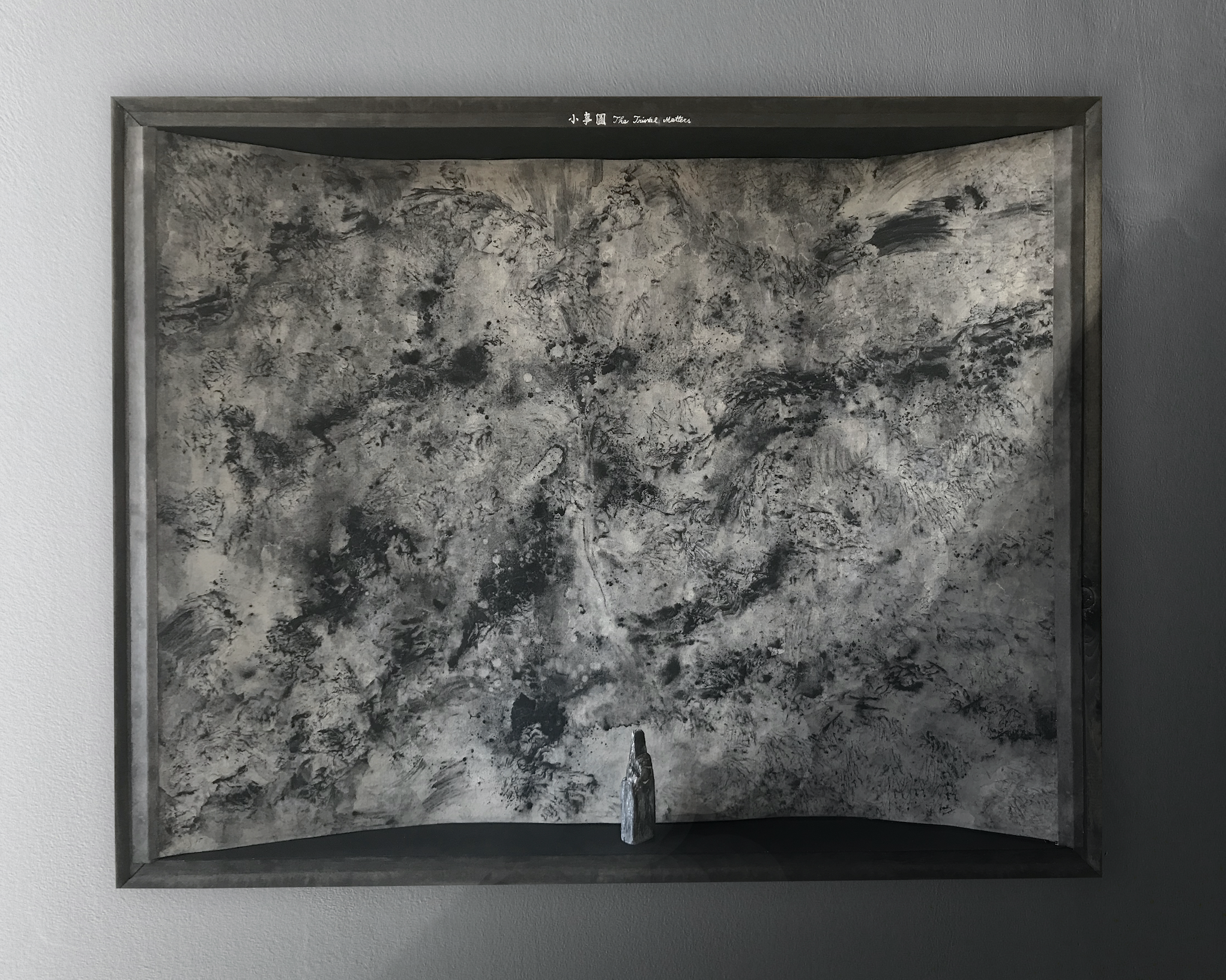 The Trivial Matters, Claire Lee, Ink and charcoal on acid free paper, slate rock, wood, 24 x 30 x 3 inch