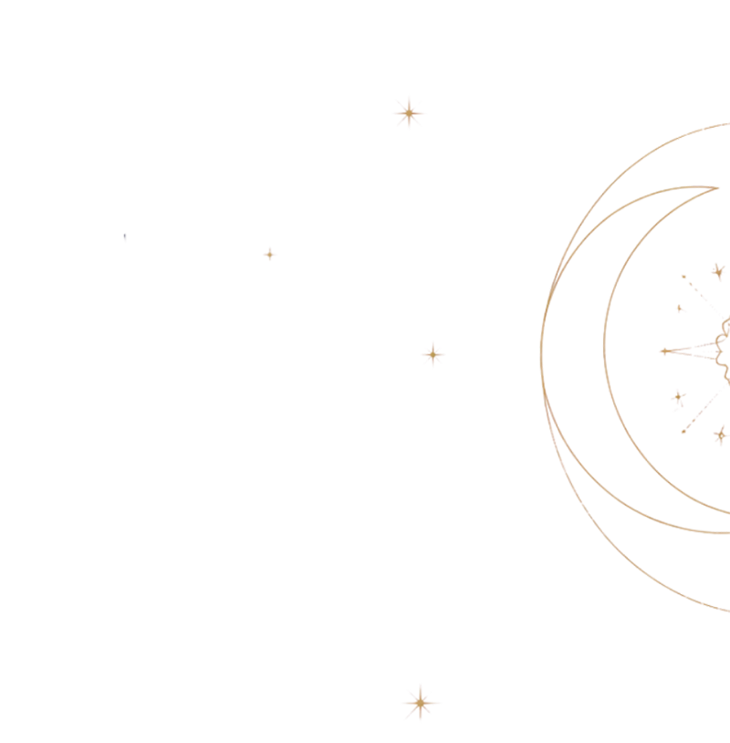 gold outlined moon and stars, and white constellations, resembling a celestial design.