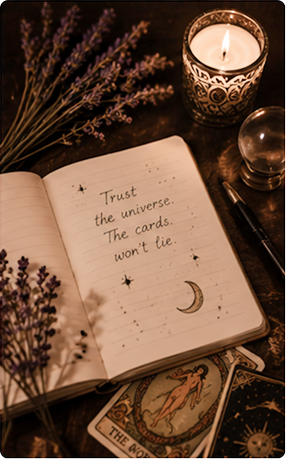 Open notebook with handwritten note about trusting the universe, surrounded by a lavender bundle, lit candle, tarot cards, and a pen.