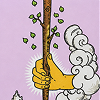 A hand sourounded with clouds holding a branch.