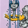 A cartoon hand holding a water clock with water pouring down inside