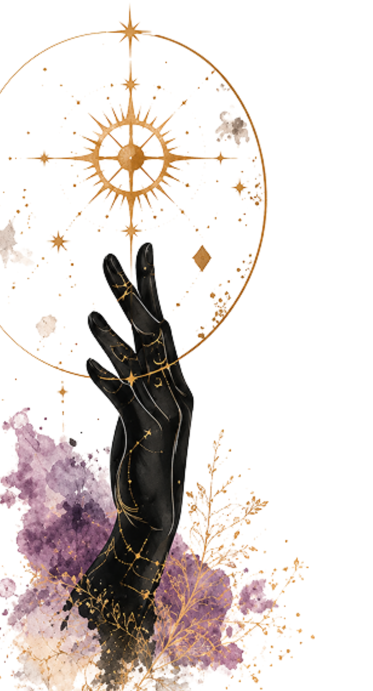 A black, elegant hand with gold constellations and star designs holding a celestial, gold-colored astrolabe or star map, surrounded by watercolor-style flowers and foliage in purple and gold.