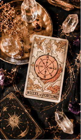 A tarot card titled "Wheel of Fortune" surrounded by crystals and decorative gold elements on a black background.