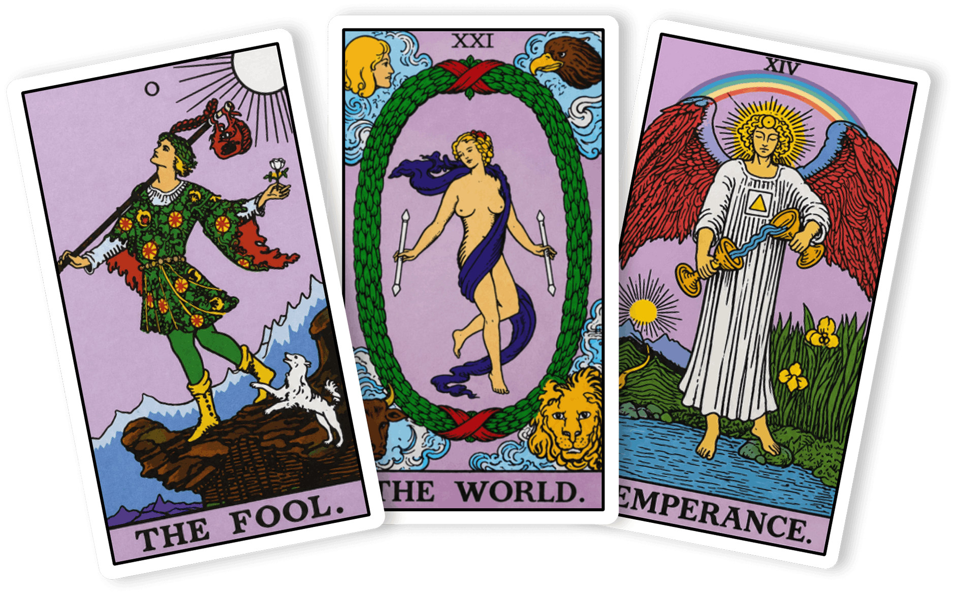Three tarot cards: The Fool, The World, and The Empress.