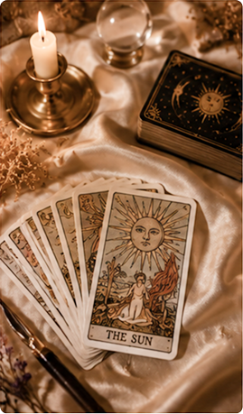 Tarot card reading setup with tarot cards, a lit candle, a crystal ball, and an ornate tarot deck on satin fabric