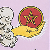 A hand holding a red plate with a gold star and crescent moon symbol, surrounded by white clouds.
