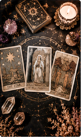 Tarot cards, candle, crystals, and celestial-themed decor on a dark table surface