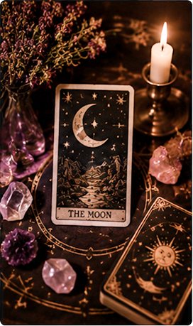 Tarot card depicting a moon and stars over mountains, candle, crystals, and flowers on a dark surface.