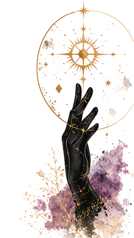 A black hand with gold decorative patterns reaching up towards a golden gear and cogs, surrounded by purple and gold abstract splashes and floral designs.