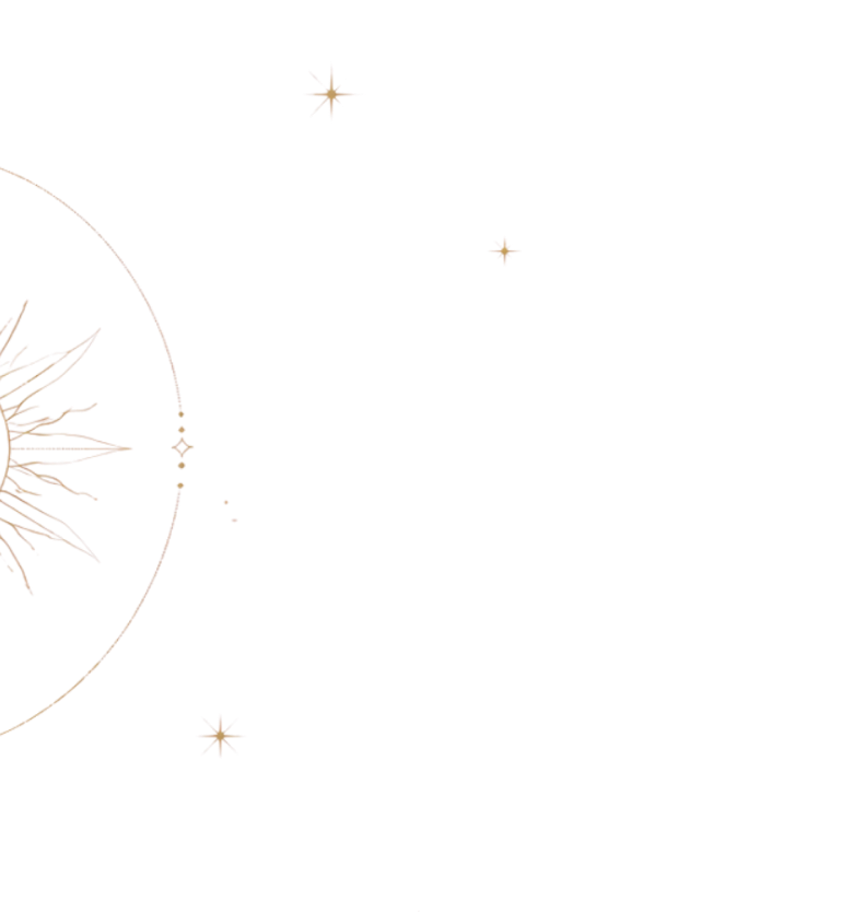 A celestial-themed illustration featuring a stylized moon with ornate detailing, surrounded by four stars on a black background.