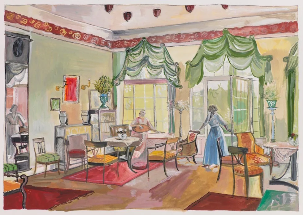 Two Kind Sisters in a Parlor from “Robert Walser Microscripts” (pg 152-153) , 2012 gouache on paper image: 9.25 x 13.25 inches, sheet: 13.5 x 19.25 inches $10,000