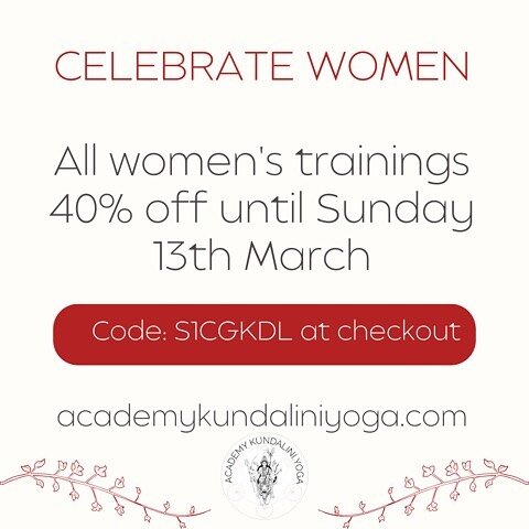 Celebrating women ✨ 
40% off all trainings and resources until 13th March
with love 💕 

#academykundaliniyoga
#moonwomanwisdom
#yoga wisdom
#yogateachertraining
#alexandraespinosa
#siriharikaur