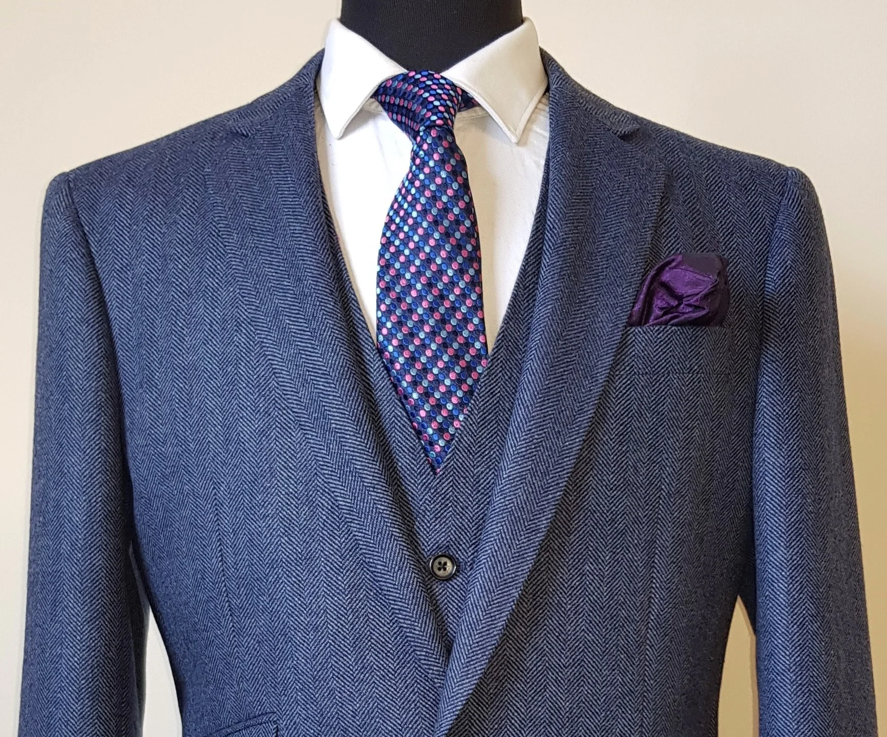 3 Piece Blue Herringbone Tweed Wedding Suit in Glenroyal