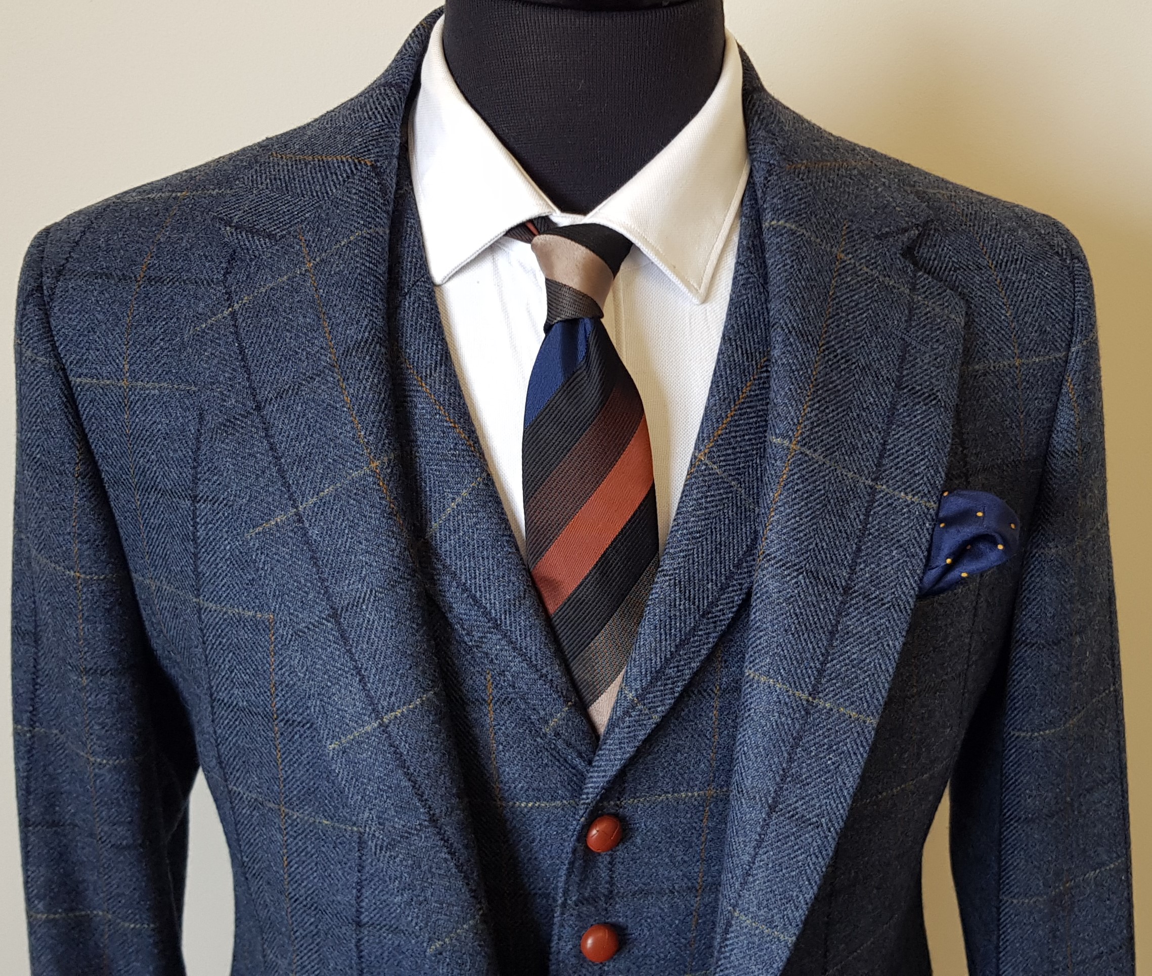3 Piece Tweed Suit in Blue Herringbone with Double Check