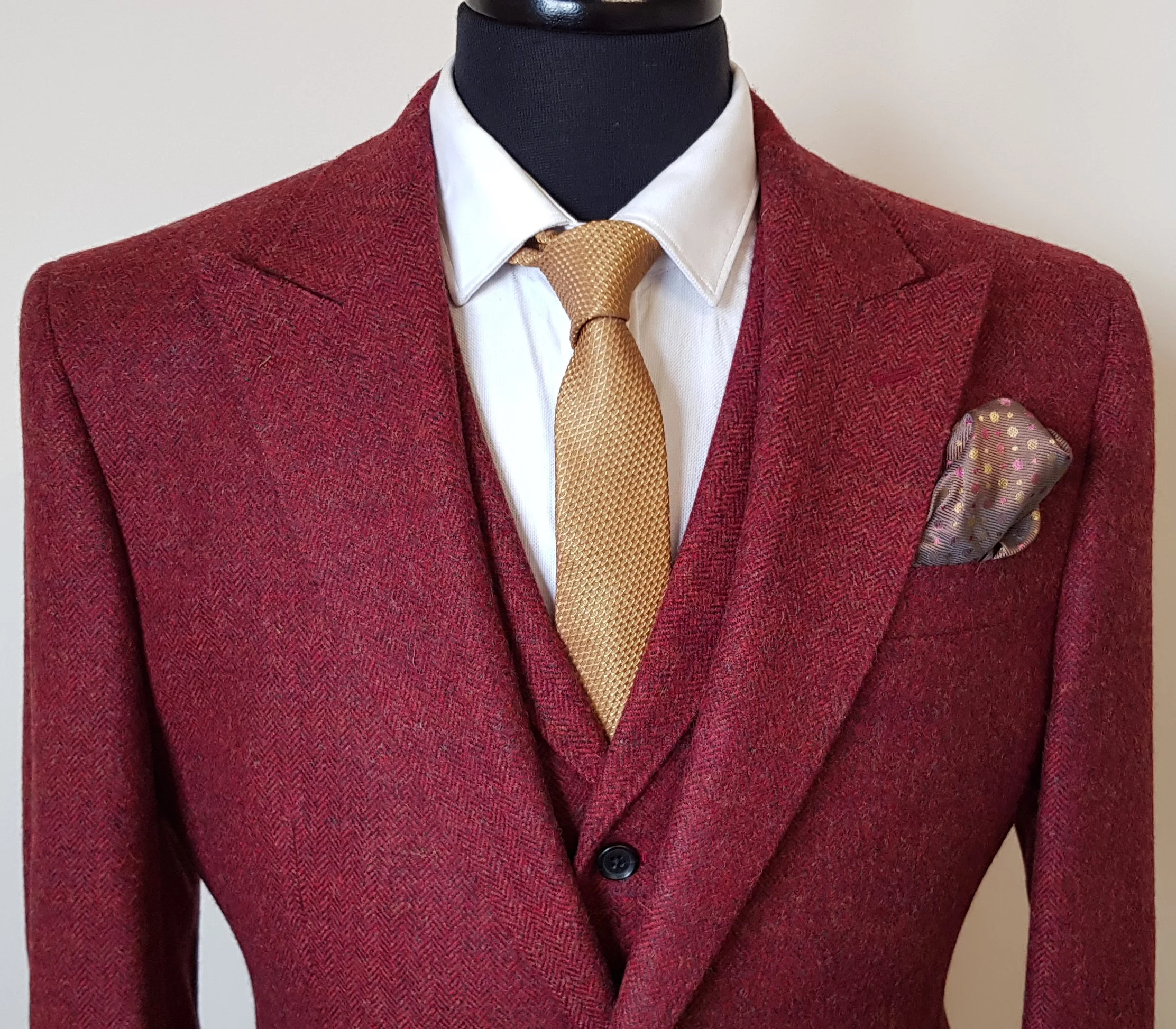 3 Piece Suit in Raspberry Herringbone Tweed