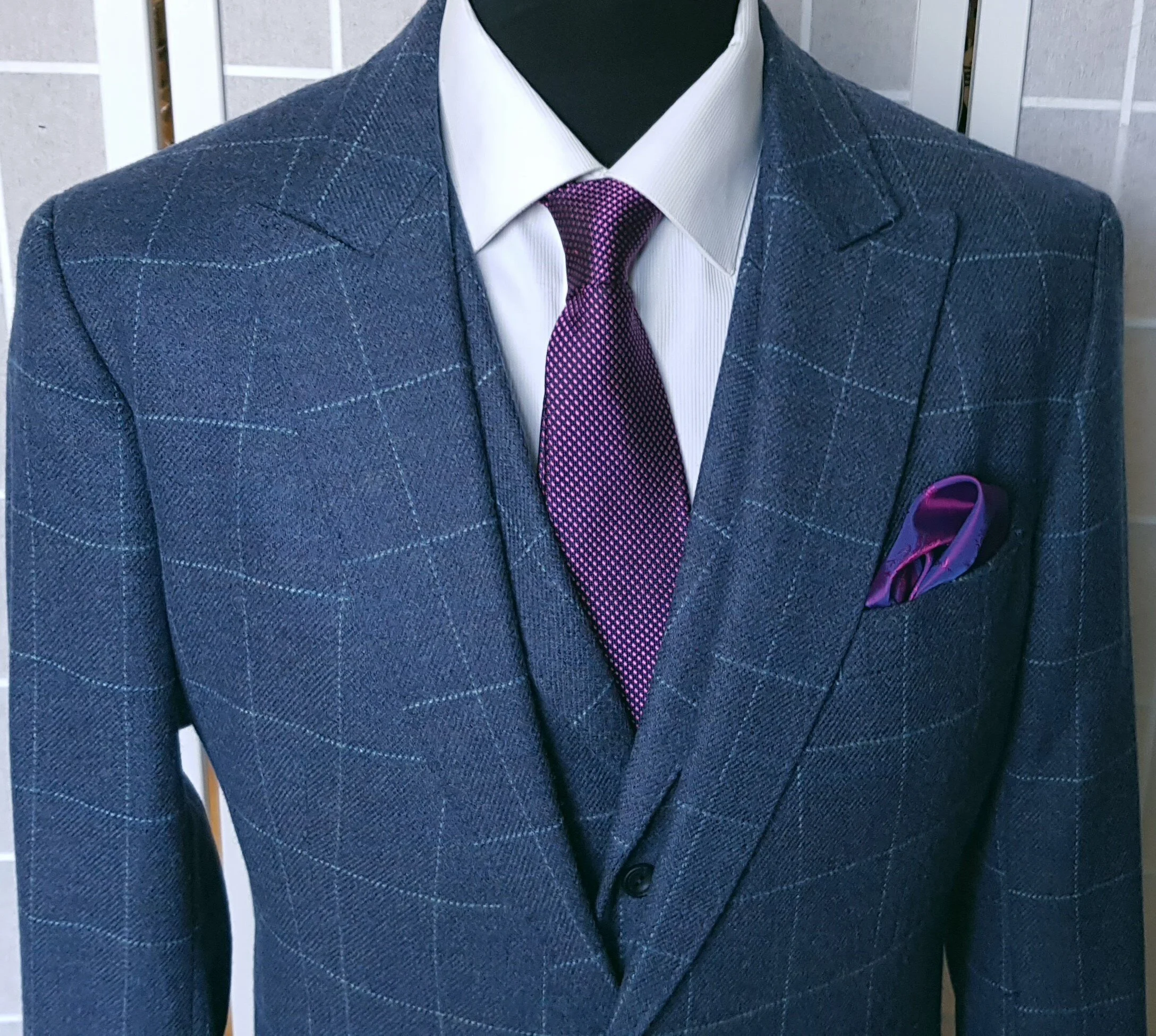 3 Piece Suit in Johnstons of Elgin Blue Check Tweed