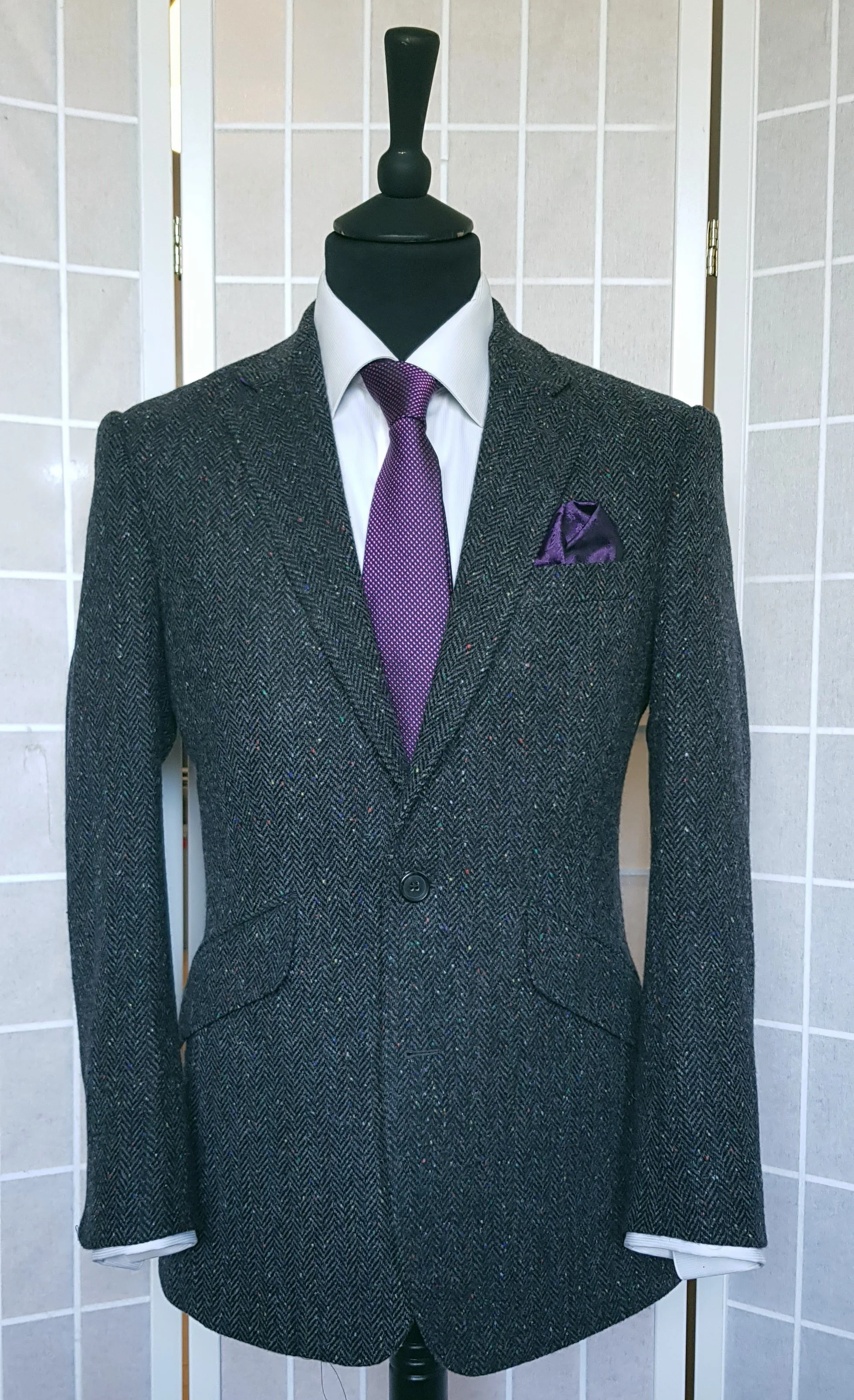 Mens Two Button Notch Label Tweed Suit Grey Herringbone main image 1