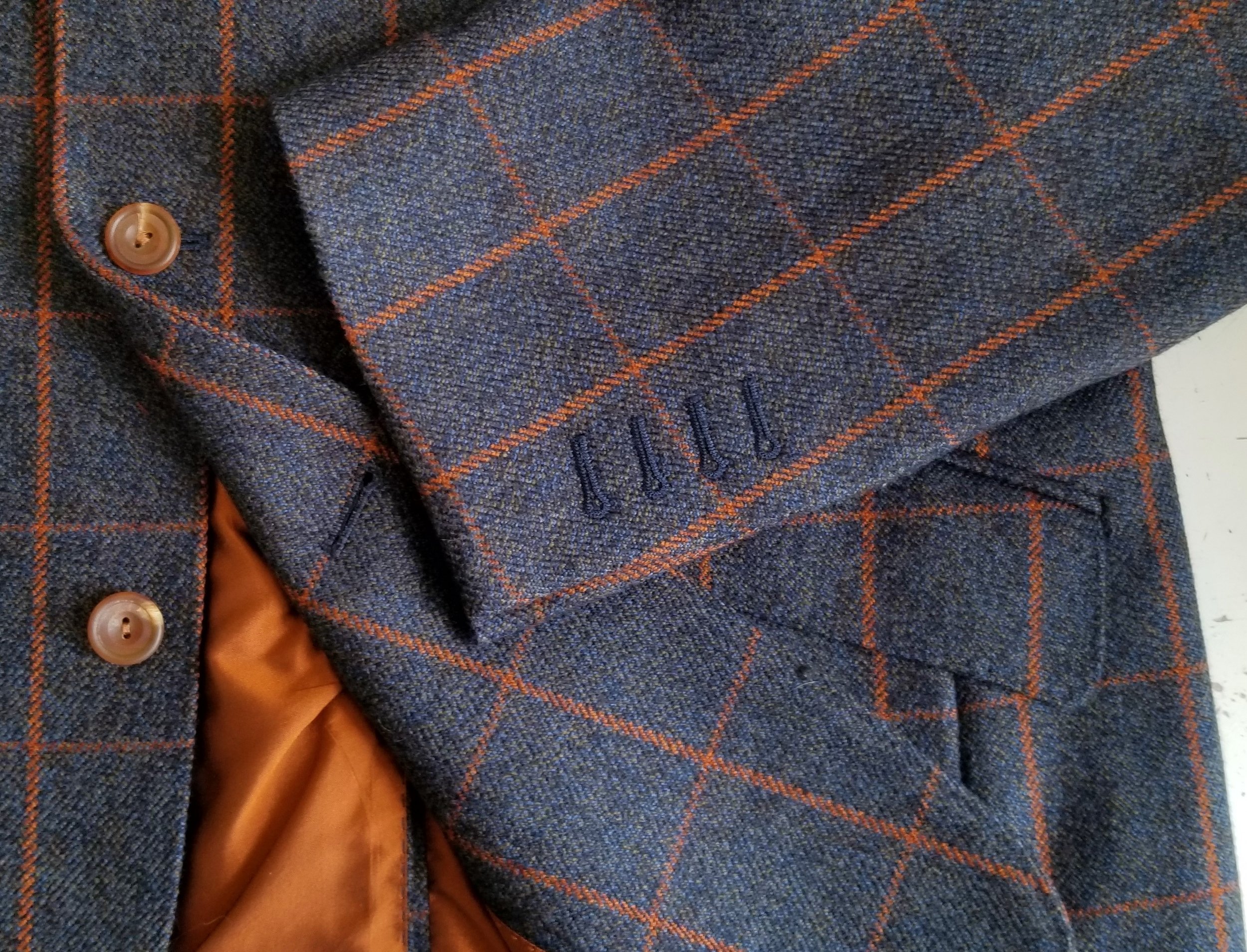 Navy Blue Blue Tweed Suit with Bold Orange Check — TWEED ADDICT