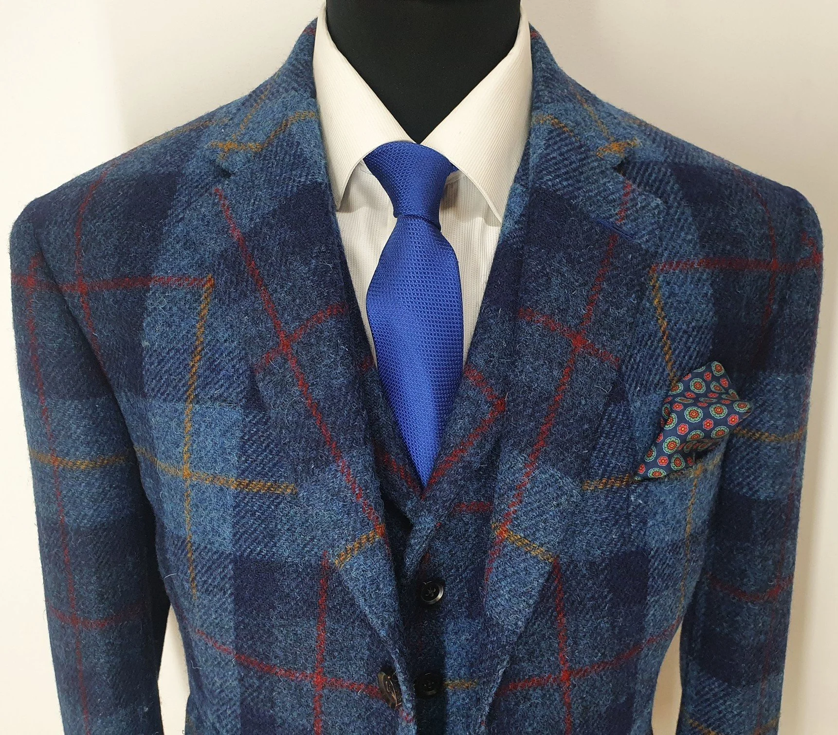 Stunning Bold Blue Check Harris Tweed Jacket and Waistcoat