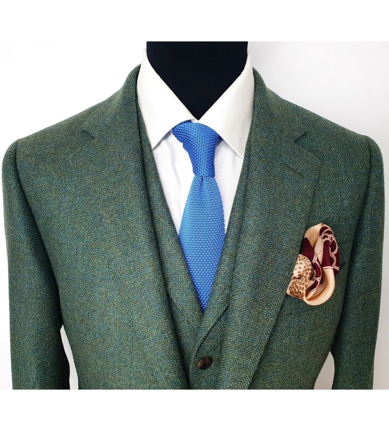 3 Piece Suit in Lovat Mill Green-Blue Herringbone Tweed