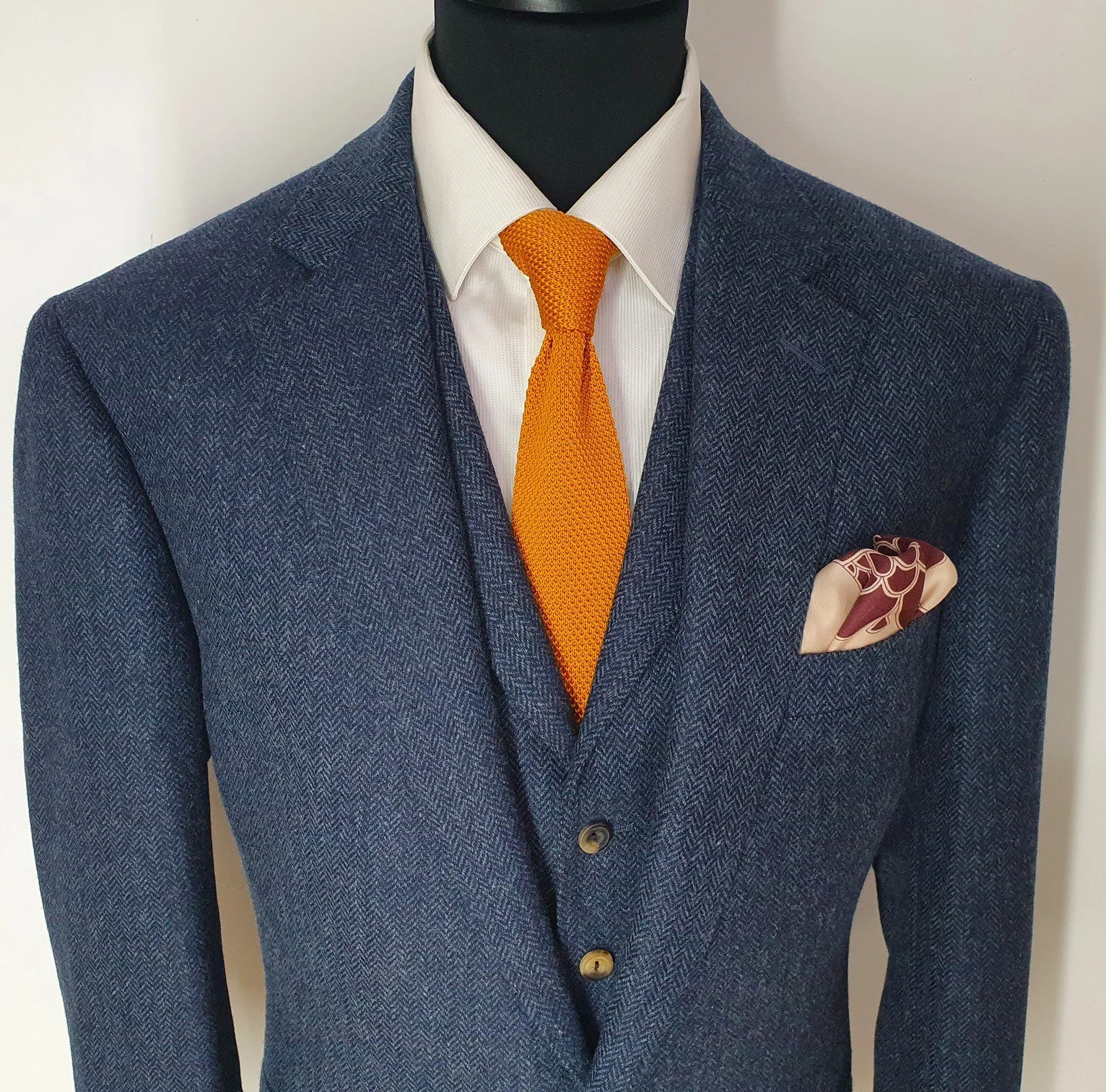 3 Piece Suit in Blue Herringbone Lambswool Tweed