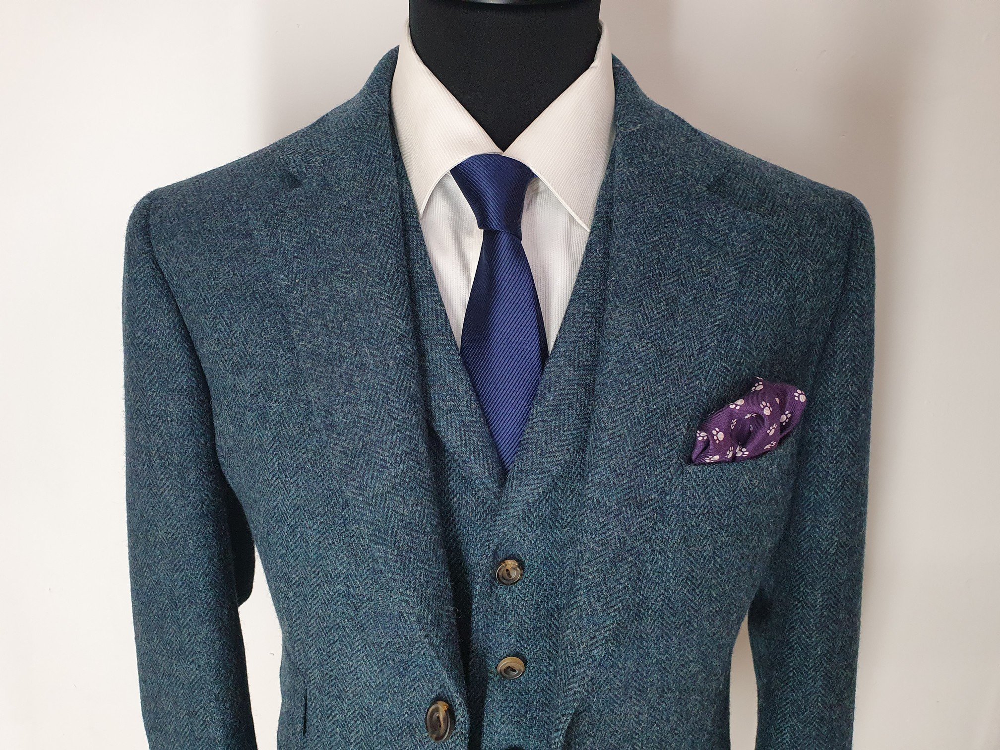 3 Piece Suit in Blue-Green Shetland Herringbone Tweed by W Bill