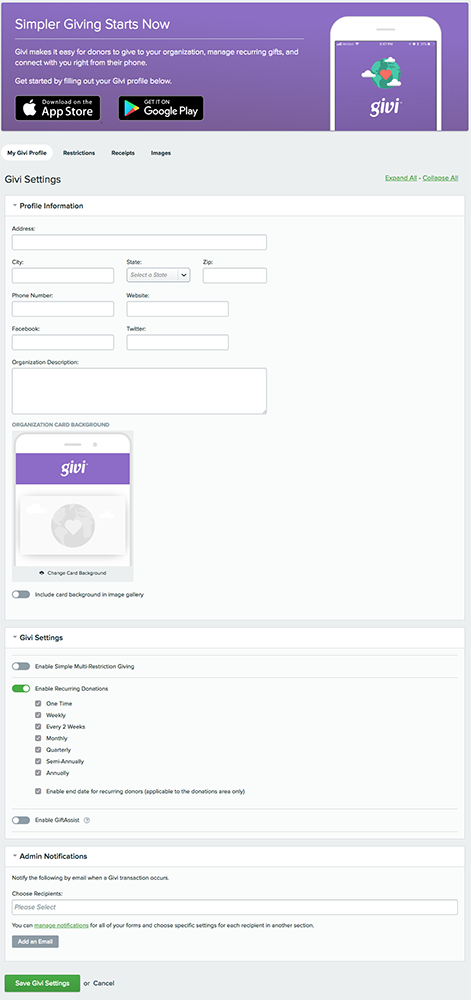 Prior to the app being launched, organizations gained a new control panel explaining what Givi could do for them, and to set up their profile in the app.