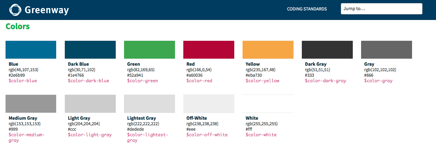 The color scheme for the site was shown, along with the SCSS variable to use that color.
