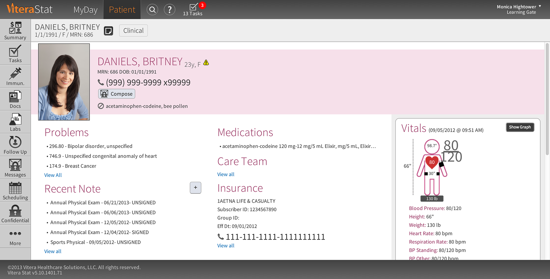 The patient record screen let the clinical team see an overview of the current patient including past diagnoses, medications, staff notes, insurance, and vital signs.