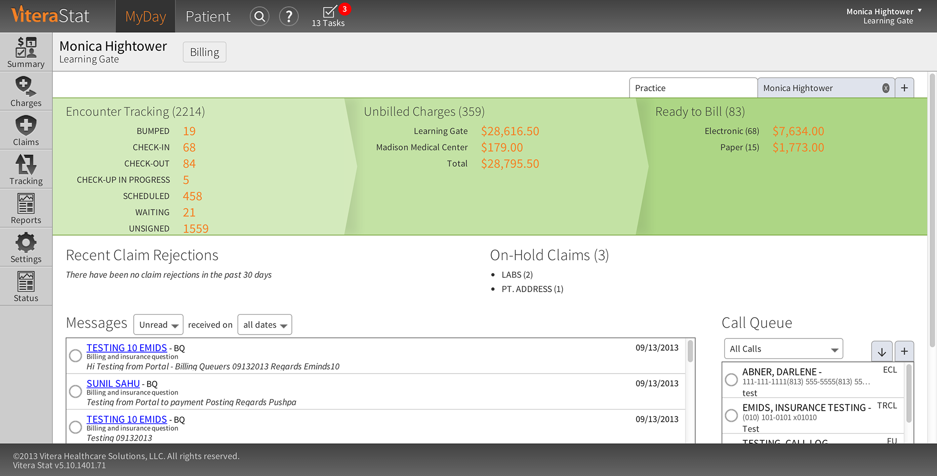 The Billing Overview gives the billing team a dashboard view of the number of encounters, unbilled charges, and items ready to bill for both the practice or individual providers, along with secure messages and calls to return.