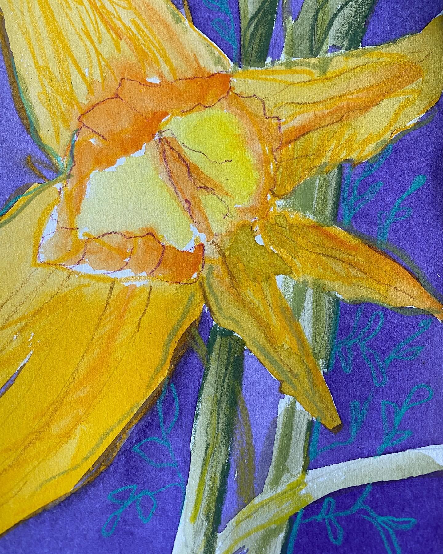 Day 61/100 #meltingpotflorals
Painting with watercolors on 250gsm, Rives BFK 22x30&rdquo; sheet to create a concertina sketchbook. This is the front cover. The interior is a macro look at daffodils while exploring mark making techniques. A full revea