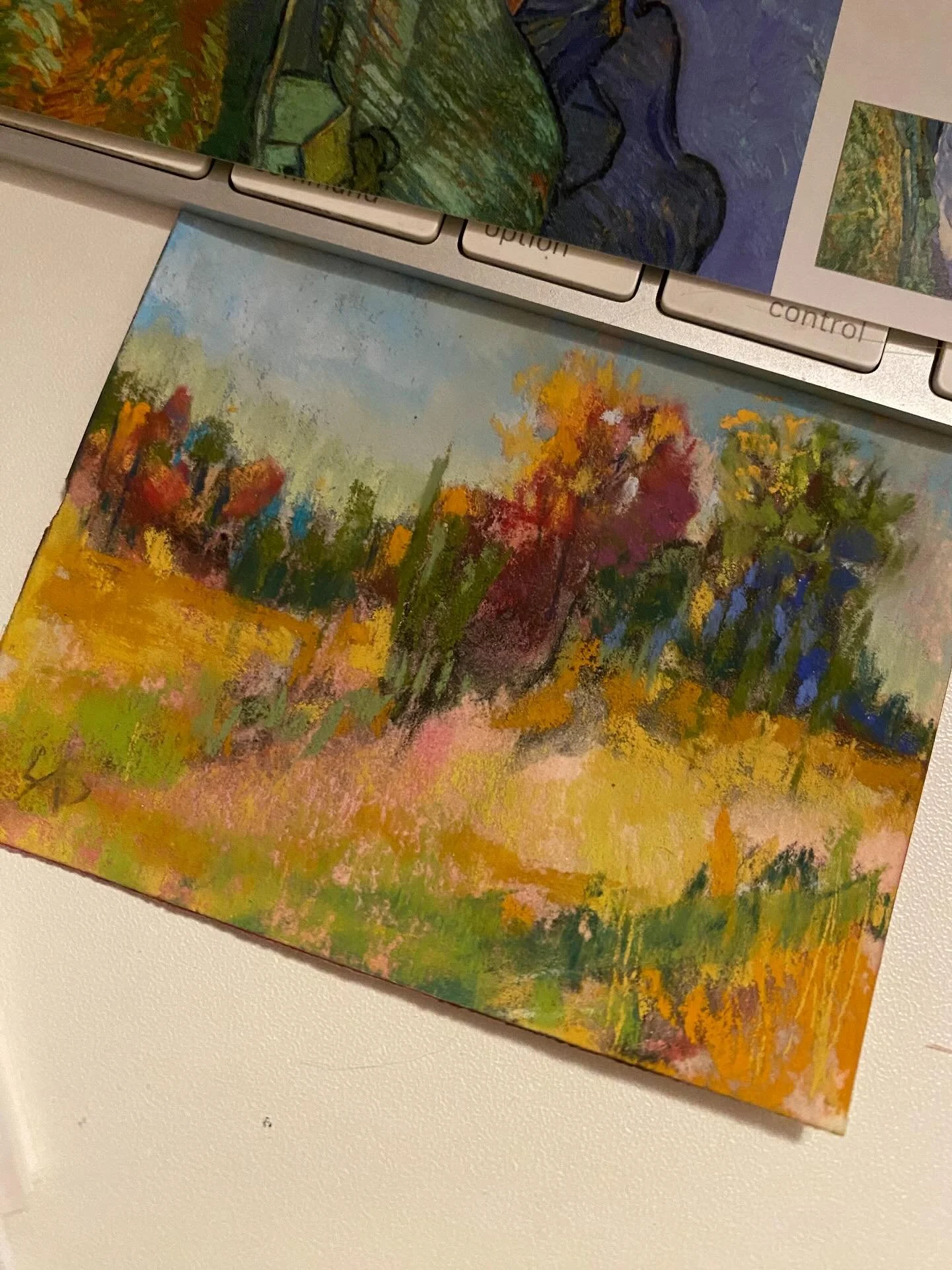 This is a teeny tiny 3&rdquo;x4&rdquo; soft pastel landscape. I always challenge myself to push away from local color and go outside the box. Still have a ways to go but loving the direction this is going.