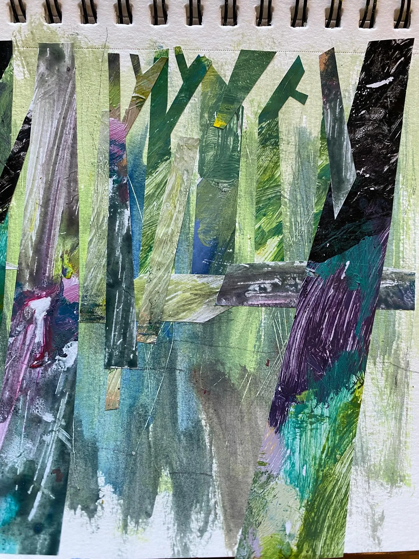 Continuing with my &lsquo;No wasted paint&rsquo; initiative and collaging with my leftover painted paper palette sheets on a randomly painted page. The results are cohesive since these were done with the same colors last week. Just a fun way to recyc