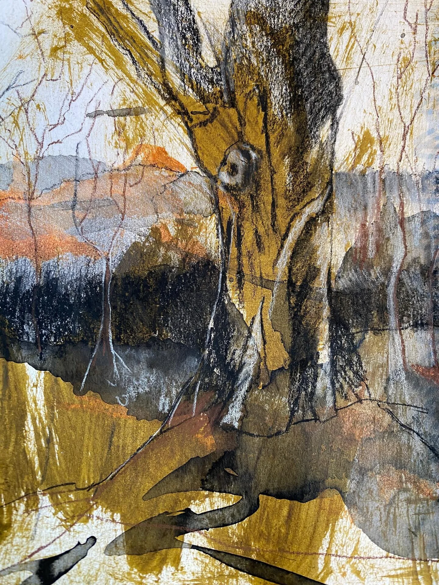 SUNDAY: I was gifted a set of drawing pencils recently, so had a sketch sesh. I pulled out my octopus sketchbook with  neutral colored inked backgrounds painted weeks ago and drew trees. Fun!