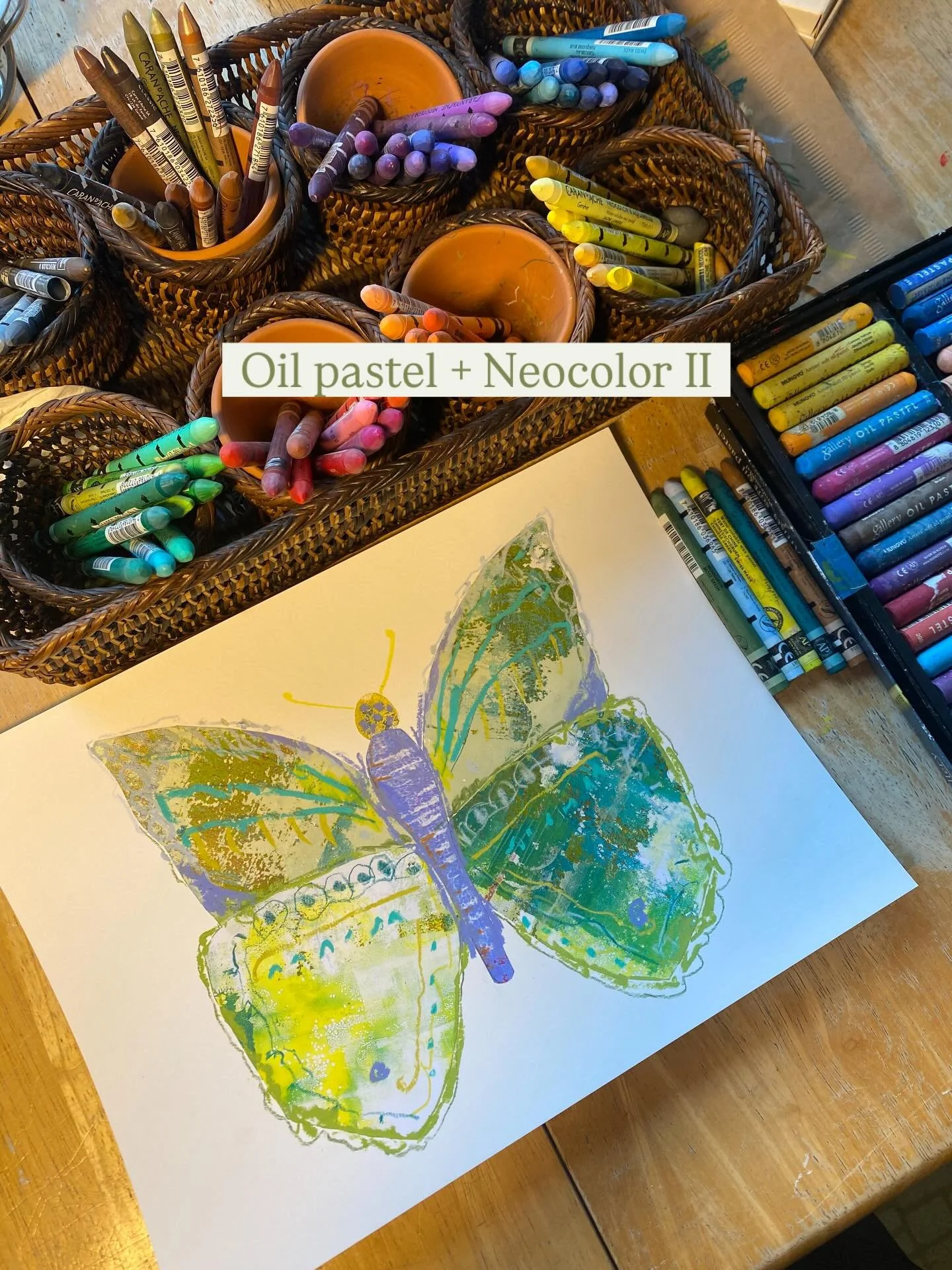 Continuing to work on the collaged butterflies. I found a box of color aid papers gifted from a friend and using those to choose accent colors to draw with. I&rsquo;m using oil pastels and neocolor IIs for the drawing piece of the process. Love the f