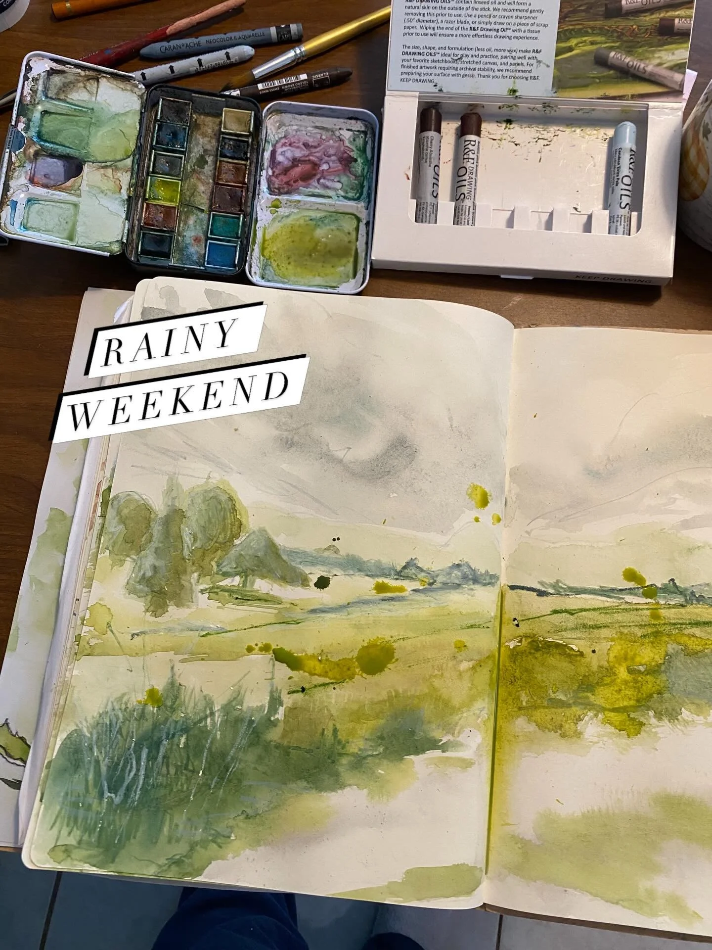 I had the weekend to work on a few sketches on Sunday and Monday. Inspired by a local country field scene in the rain. The expanse of it felt like freedom with big skies overhead and distant hills that kept going abd going. So beautiful!