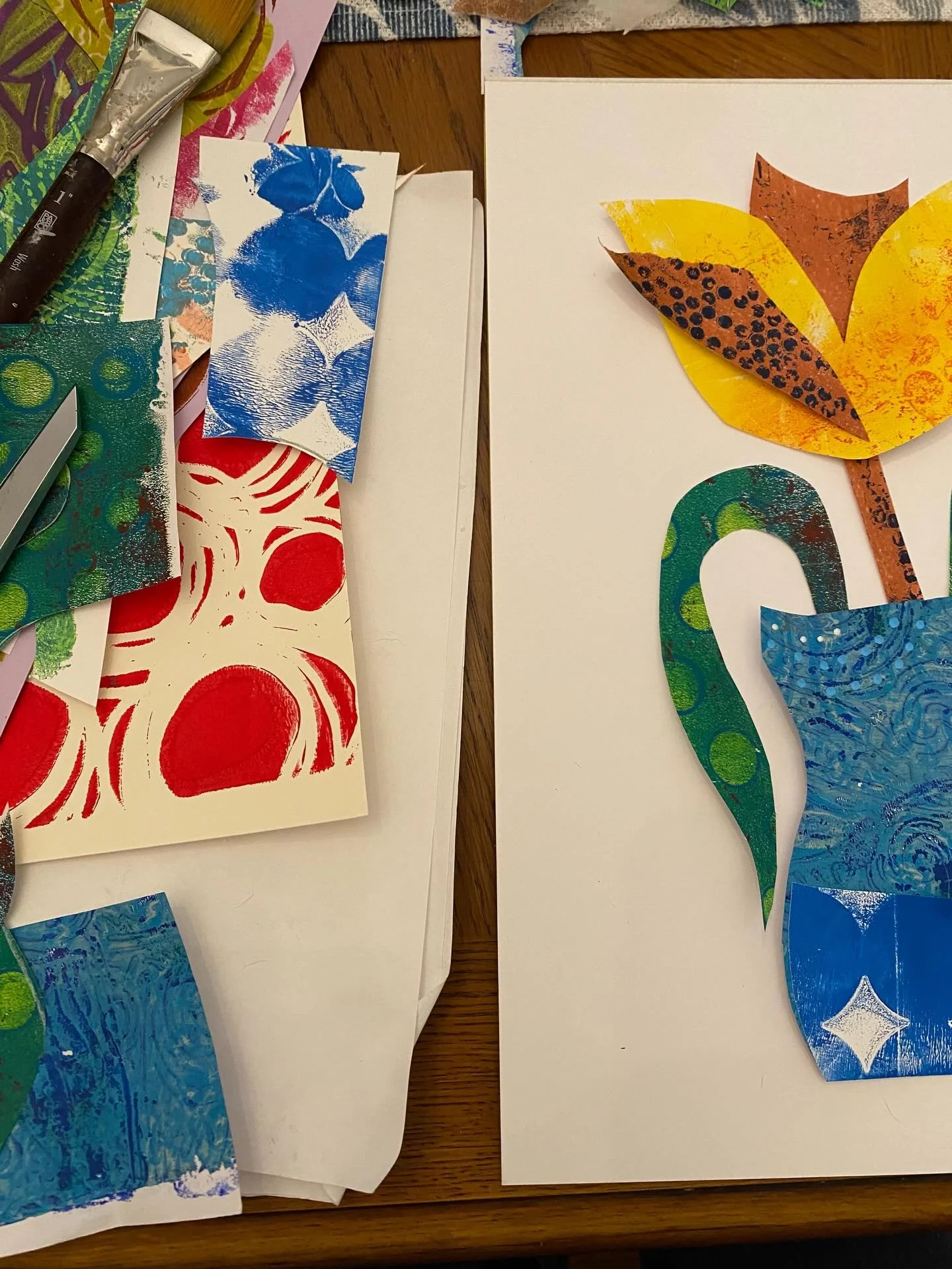 The Joys of Life of the collage process
Painted papers
Cutting and tearing
Arranging and gluing
Layers
Editing
.
Working with my hands on cut paper pieces brings me joy, calm and satisfaction. Loved the blue vase but it needed that little pop of yell