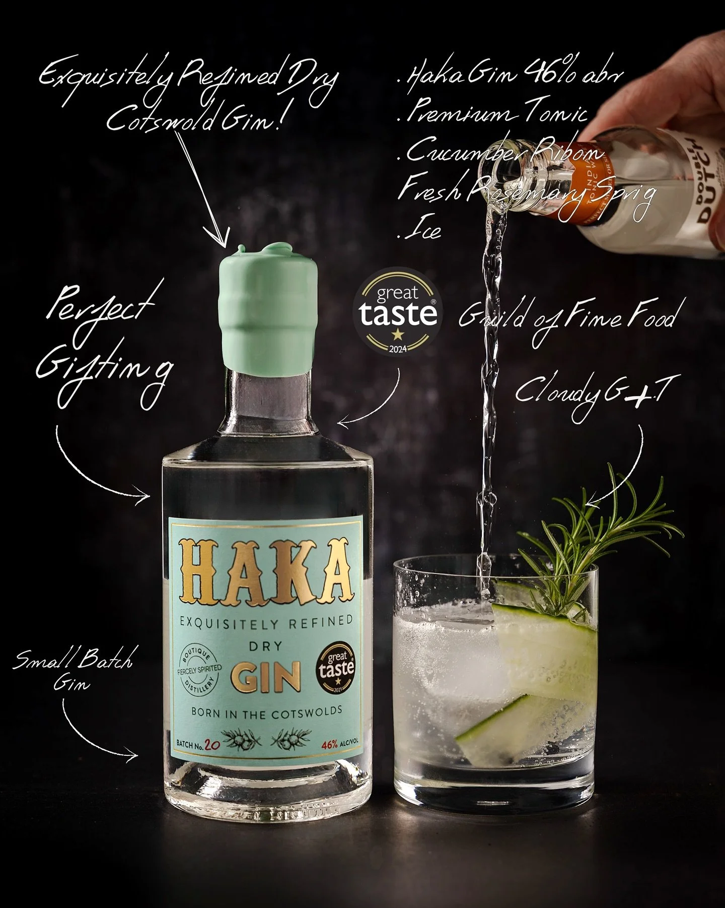 HAKA Exquisitely Refined Dry Gin - 46%
If your G+T doesn&rsquo;t taste memorable, it&rsquo;s because you&rsquo;re pouring the wrong Gin. HAKA hits harder: real juniper authority, clean precision and award winning clarity. 
It doesn&rsquo;t compete wi
