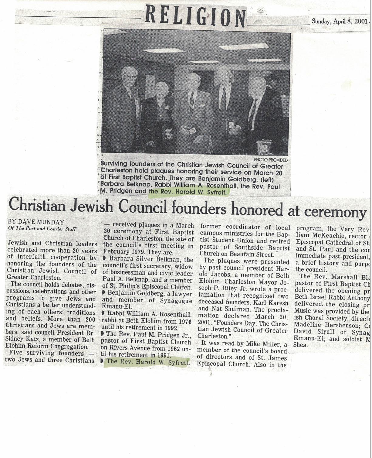 April 8, 2001: Christian Jewish Council founders honored